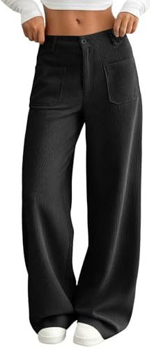 Womens High Waist Wide Leg Pants Solid Colour Straight Fit Long Trousers with Front Pockets Button Closure Casual Everyday Style