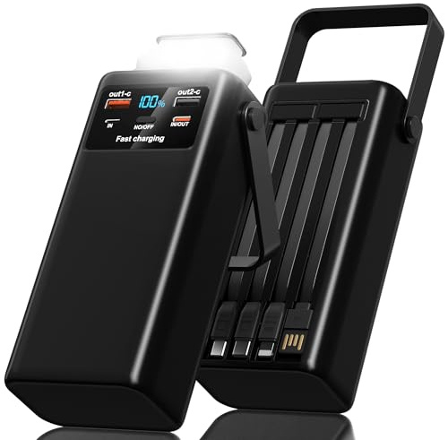 60000mAh Batterie Externe Power Bank PD45W Charge Rapide Chargeur Externe avec 4 Câble Intégré 7 Sorties,USB C Grosse Batterie Portable avec Lampe de Poche & Affichage LED pour Smartphones Camping