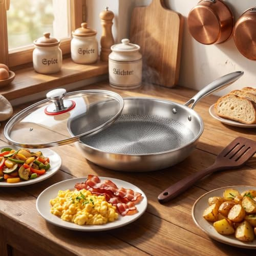 Fushabana Sartén de titanio de 26 cm, sartén de titanio con tapa antiadherente, revestimiento de titanio, resistente a los arañazos, con todo tipo de fuegos para cocinar