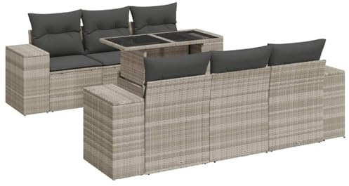 Foknhdi Gartenmöbel Set 7-TLG Poly Rattan Sofa Lounge Hellgrau Eckgruppe mit höhenverstellbarem Tisch 100 x 55 cm Robustes Outdoor Loungemöbel für Balkon Terrasse und Wintergarten
