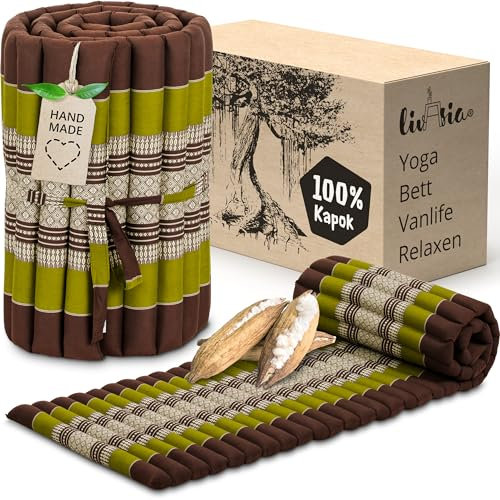 livasia Rollmatte Rollmatratze S schmal - 200x50x4,5cm - Gästebett Gästematratze 1 Person mit Muster, Reisebett Kofferraum Outdoor, Thaimatte Kapok für Garten Balkon handgefertigt (Braun/Grün)
