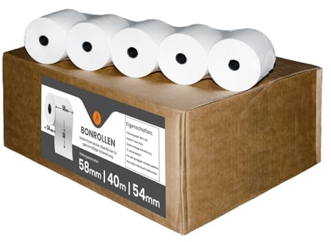 50 Stk. Thermorollen | 58x40x12 mm Ø54mm | Länge: 40 m | BPA frei | für EC Cash Geräte Rollen | Thermopapier made in Germany | HUTNER