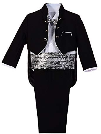 Lito Angels Bebisar Pojkar Smoking Bröllopskostym & Blazers, 5 Stycken Formell Outfit Set med Silver Jacquard Cummerbund, Ålder 9-12 månader, Svart