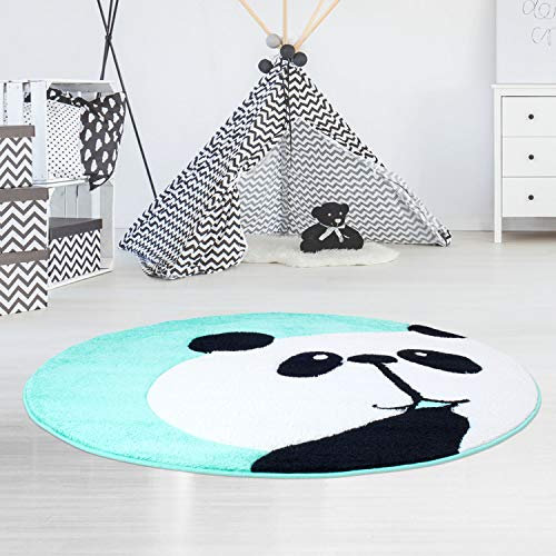 Kinderteppich Panda-Bär Mint - 160 cm Rund - Teppich Tier-Motiv Kinderzimmer für Mädchen und Jungen