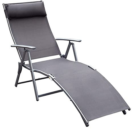 Outsunny Sonnenliege klappbar Strandliege mit Kopfkissen Liegestuhl mit 7-Fach verstellbare Rückenlehne Gartenliege Relaxliege Gartenstuhl bis 165 kg belastbar, für Garten Urlaub Outdoor, Grau