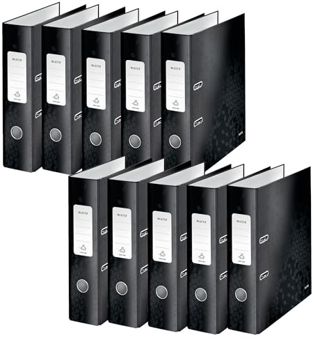 Leitz Qualitäts-Ordner 180°, 10er Pack, A4, 8 cm Rückenbreite, laminierte Graupappe, Schwarz, WOW Serie, Design kann variieren, 10050095
