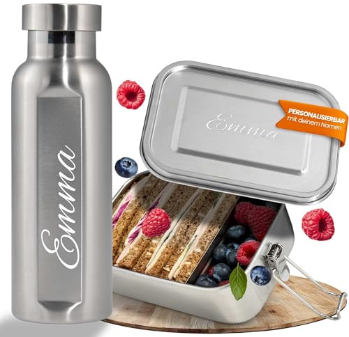 LOOXIS Personalisierte Edelstahl Lunchbox + Trinkflasche Set mit Namen graviert – 800 ml, 470 ml, inkl. Abtrennung, Auslaufsicher, Bento-Box – Geschenkidee, Einschulung, Sport, Outdoor, Freizeit