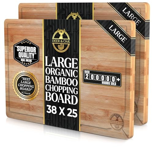 Deer & Oak Wooden Chopping Board, 2X Large 38x25cm Bamboo, Pre-Oiled | 2cm Thick · for Carving Meat, Fish, Vegetables, Fruit, Cheese and Bread