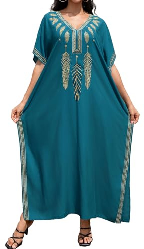 LikeJump Maxiklänning för stranden, lång kaftan eller kimono, badkläder, överdragskläder i stora storlekar, pareos för kvinnor, Blå broderi, En storlek