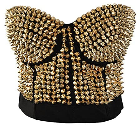 Mode Damen Metallisch Blinken Niet BH Punk Goth BH Clubwear Nachtclub Korsett Oberteil (Golden,L)