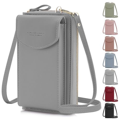 lmytdo Handytasche zum Umhängen, Brieftasche Crossbody Damen Geldbörse kleine Crossbody Tasche PU Leder Handy Umhängetasche mit Kartenfächer Verstellbar für Handy unter 6,5 Zoll (Grau)