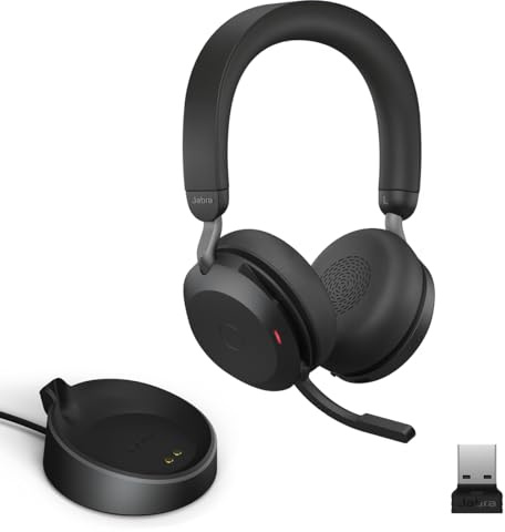 Jabra Evolve2 75 PC trådlöst headset med laddningsstativ och 8-mikrofon-teknik – stereohörlurar med dubbla skum med avancerad aktiv brusreducering, USB-A Bluetooth-adapter och UC-kompatibilitet –
