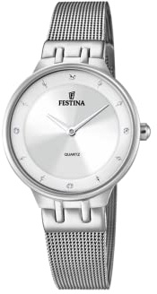 Festina Reloj Mujer Analógico de Acero Inoxidable 316l Plateado | Movimiento de Cuarzo, Cristal Mineral de Alta Resistencia, Resistente al Agua 5 ATM F20597/1, Mademoiselle