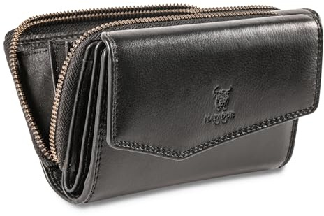 MATADOR Portemonnaie Damen Schwarz #Sevilla mit edler Geschenk Box, Geldbeutel Portmonee RFID Geldbörse Damen Schwarz, Geldbörse Frauen Leder Mittelgroß Viele Fächer, Geldtasche Brieftasche Frauen