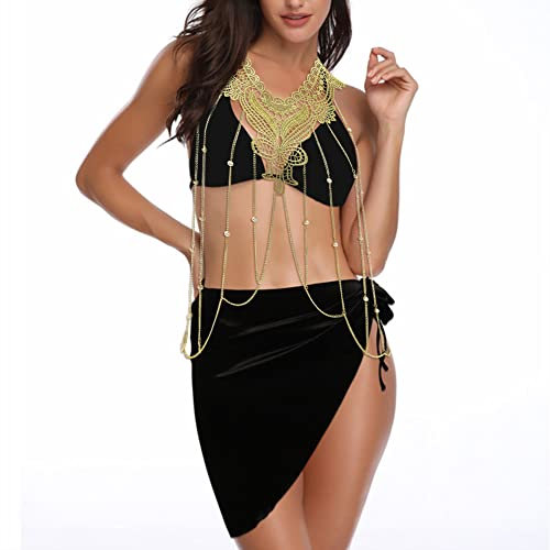 Herbests Damen Gold Körperkette Spitze Mehrschichtig Quaste Halskette Bikini Body Kette Crossover BH Kette Strand Brustkette Schmuck Body Chain für Frauen Party Halloween Rave Kostüm