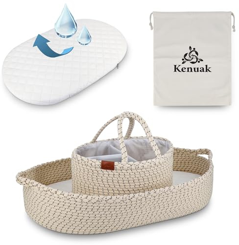 Kenuak® Cesta Cambiador Bebé Portátil, Canasta Mueble Recién Nacido, Cambiador de Mesa Impermeable Pañales, Funda Extraíble Suave con Cremallera, Nido Plegable de Viaje 100% Algodón Natural (Punteado)