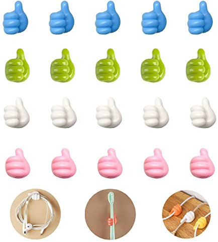20 PCS Handgestenhaken, Kabelhalter Selbstklebend Vielzwecke Kabel Management Set Daumen Wandhaken für Schreibtisch, Netzkabel, Ladekabeln, Audiokabel usw (4 Farben)