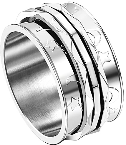 JewelryWe Schmuck Fidget Angst Ring Damen Retro Mond Sterne Edelstahl Drehbarer Anti Stress Band Bandring mit Gravur, Silber
