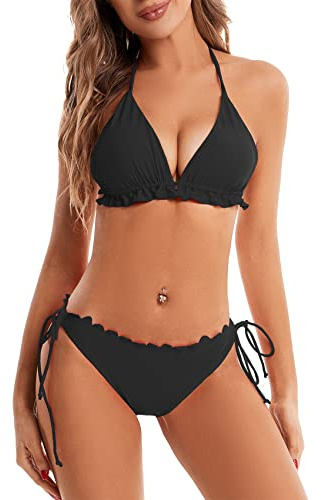Durio Bikini da donna con push up sexy, 2 pezzi, da donna, con pantaloni a triangolo, larghi, regolabile, A-nero., 50