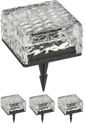 ledscom.de 4x LED Solar-Pflasterstein Bodeneinbauleuchte BROSLO mit Erdspieß für außen, Glas, 10 x 10cm, warmweiß