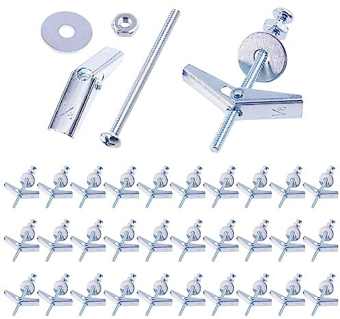 Swpeet Set di 30 bulloni a levetta da 1/8 di pollice e dado ad ala con dadi esagonali, rondelle, kit assortimento di bulloni a levetta, tasselli a farfalla per appendere oggetti pesanti sul muro a