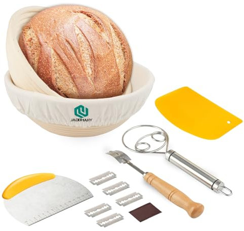 JAOBHAHY Gärkörb zum Brotbacken 2er Set,23cm Rundes Gärkorb Brot mit Leinentuch,Schneebesen,Bäckermesser mit 5 Rasierklinge,Teigschaber TPE & Edelstahl für Heim- und Professionelle Bäcker
