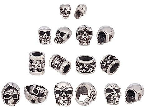 UNICRAFTALE 8 Stück Perlen, Totenkopf, 304 Abstandsperlen, Edelstahl, Antiksilber, lose Perlen, 1,5~8,5 mm, Loch, europäische Perlen für Halskette, Armband, Halloween, 8 Stück