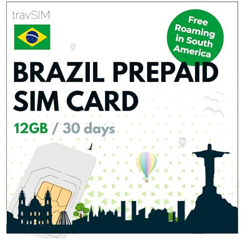 travSIM Brésil Carte SIM | 12Go de données Mobiles | Vitesses 4G/5G | Itinérance Libre en Amérique du Sud | Fonctionne sur iOS et Android | Le Forfait sur la Carte SIM Brésil prépayée est de 30 Jours