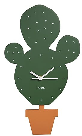 Fisura - Originale orologio da parete a forma di cactus. Orologio da parete silenzioso 38 x 20 centimetri. Orologio da cucina verde. Orologio a pendolo in legno e ABS. 1 batteria AA.