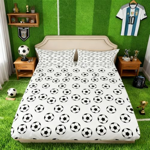 Soccer Kids Fitted Sheet Full Size,Ball Sports Games Competition Bedding Set,Girls Boys Adults Room Decor,American Football Cartoon Bed Cover,Black White Unique Bed Sheet,2 Pillowcases（No Flat Sheet）