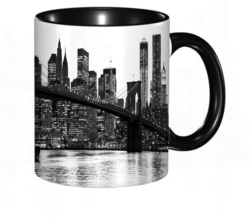 Tasse Keramik New York City - Brooklyn Bridge mit der Skyline von Manhattan bei Nacht USA Kaffeetassen Große 330ml Mit Henkel 100% Handbemalt Trinkgläser Mit Griff Personalisierte Geschenk