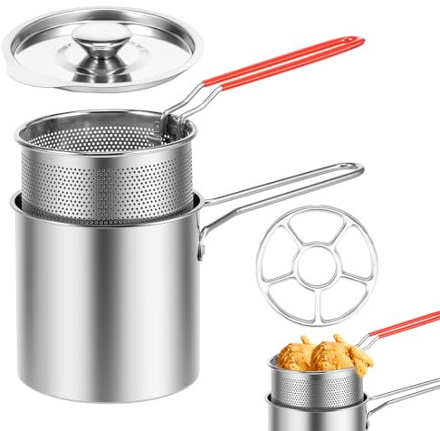 Ensemble de friteuse avec panier et poignée étendue, mini friteuse en acier inoxydable avec couvercle, petite friteuse à économie d'huile pour frire le poisson, les crevettes, le poulet et les frites