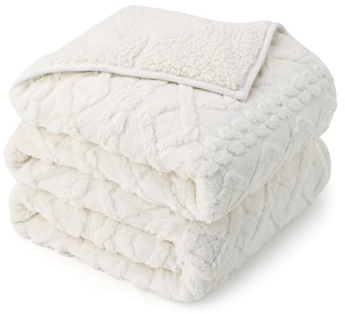 Drewin Weighted Blanket 15lbs Queen Size, Soft and Thick Jacquard Sherpa Heavy Blanket for Calming and Relax, Dual Sided Ultra Soft Fuzzy Throw Blanket with Ceramic Beads, 60 x 80 inches, Cream White