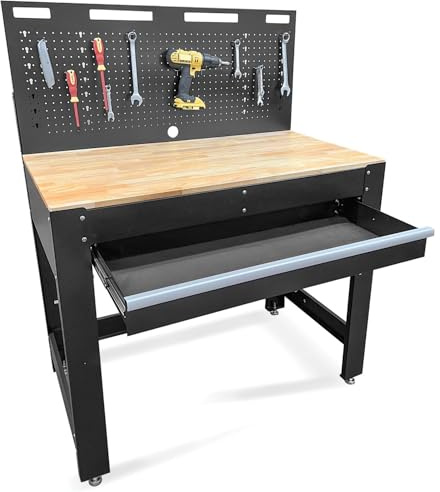 Phoenix Safe Company - TW4501B - Premium Tool Workbench with rubber wood work surface - Suitable for garage work table with heavy duty steel storage drawer - Peg board with 10 pegs - Capacity 300kg