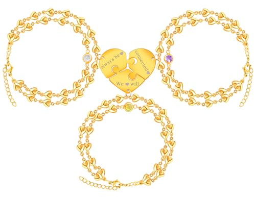 Uloveido Juego de 3 pulseras en capas para 3 amigas, cadena de eslabones de corazón de acero inoxidable a juego, pulseras de corazón para mejores amigas, para mujeres, amistad, cumpleaños, graduación