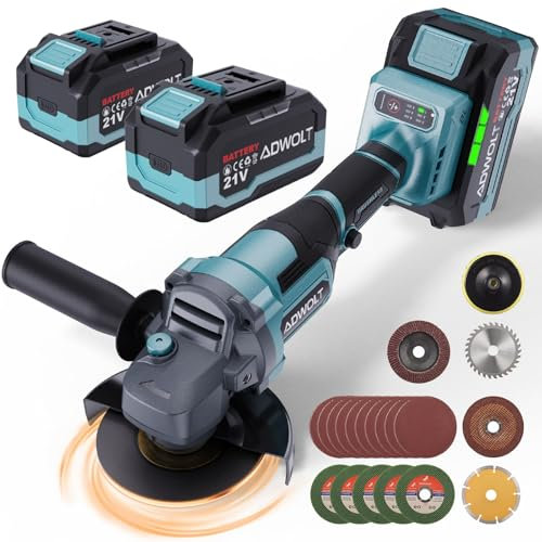 ADWOLT Akku Winkelschleifer 125 mm, 21 Winkelschleifer mit 2 x 4,0Ah Akku, 6-Stufig Regelbar, 9000 U/min Brushless Motor Metallschleifer mit 9 Sägeblätter,10 Schleifpapiere für Präzises Trennen