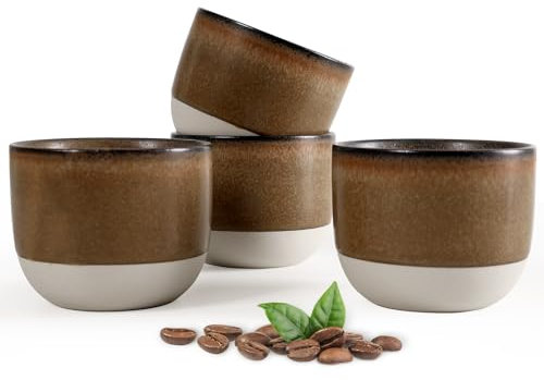 Autumnlife Lot de 4 tasses à expresso en céramique - Marron mat - Fabriquées à la main - À paroi épaisse - Idéales pour le café moka, le thé et le lait - Parfait pour la maison et le bureau