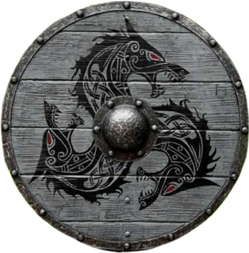 EXNOT Mittelalterliches Wikingerschild Fenrir Wolf Grau Authentisch Bettleworn Krieger Handarbeit Voll funktionsfähig Kampf 61 cm Durchmesser