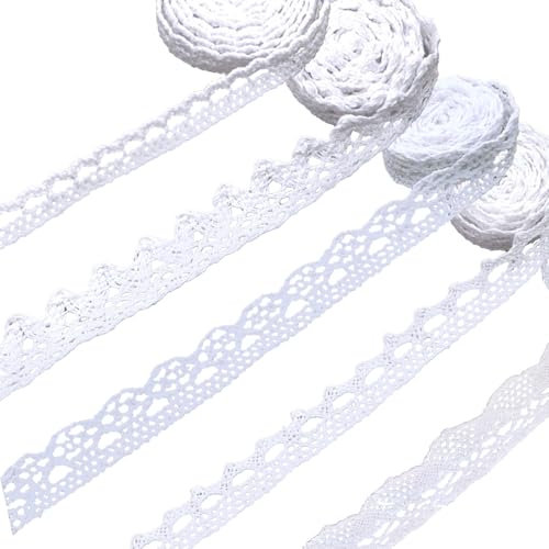 5 Rollen Lace Ribbon Weiß Spitzenband Vintage Baumwolle Dekoratives Gurtband, Dekoband Spitzenstoff Spitzenborte für Nähen DIY Handwerk, Hochzeit Dekorationen, Geschenkboxen