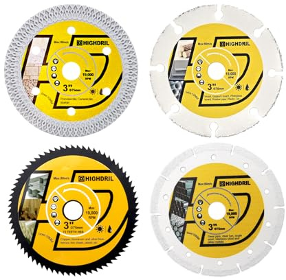 HIGHDRIL Disque à Tronçonner Diamant 75mm x Alésage 10mm - 4 Pièces Carrelage, Bois, Acier pour Carrelage, Maçonnerie, Bois, Plastique, Métal Découpe
