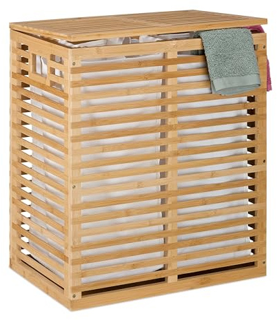 Relaxdays Wäschekorb mit Deckel, 2 herausnehmbare Säcke, je 44 l, HBT: 61x53x35 cm, Wäschesammler Bambus, Natur/beige