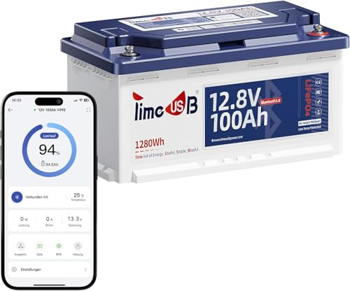 Timeusb LiFePO4 12V 100Ah Batterie Bluetooth H190 für Untersitz Wohnmobil | DIN H8/L5,100A BMS mit Tieftemperaturschutz,1280Wh Tiefzyklus Lithium Akku für RV Campervan Wohnwagen