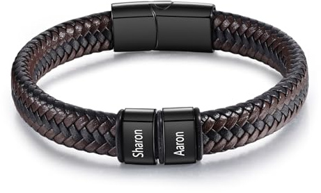 LoLaTide Bracciale da Uomo Personalizzato Bracciale in Pelle con 1-5 Nome Incisione Regalo Personalizzato per Natale Compleanno Festa del Papà (2 nomi)