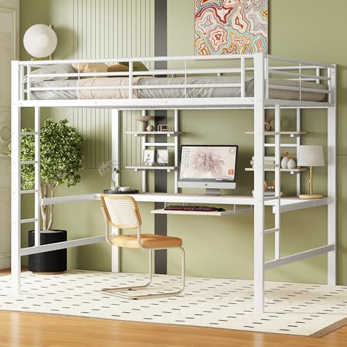 Kayan Kinderbett Hochbett 140x200 cm, Bettgestell Metallbett mit Schreibtisch und Zwei Bücherregalen für Kinder Jugendliche und Erwachsene, Weiß