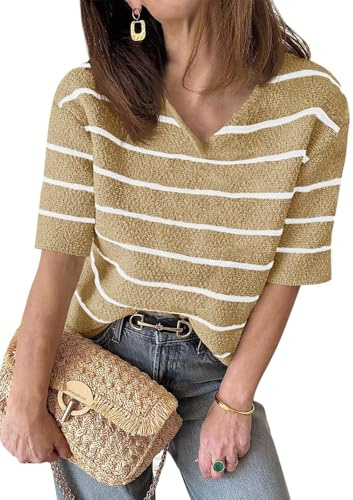 Saodimallsu Maglietta estiva da donna, a maniche corte, con scollo a V, casual, a righe, cachi, S
