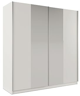 Easy4You Praga Weiß Schiebetüren Kleiderschrank 200x210x65 cm mit Spiegel - Schlafzimmermöbel, Aufbewahrung – Mehrzweckschrank mit 4 Kleiderstangen
