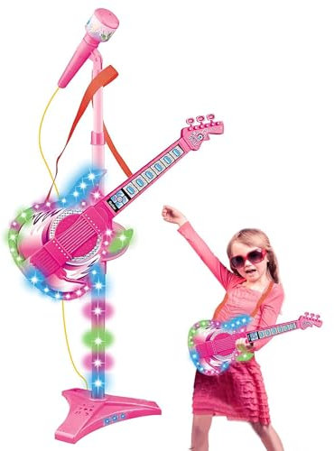 Generic Ensemble guitare musicale et microphone pour : guitare rose clair | microphone avec support réglable en hauteur, jeu musical amusant pour garçons et filles