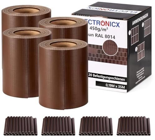 Electronicx PVC Sichtschutzstreifen für Gartenzaun - Braun (RAL 8014), 140m (4 x 35m) x 19cm, Hochwertige 450g/m² UV-beständige Sichtschutzmatten, Außenbereich Sichtschutz mit 80 Clips