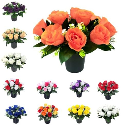 Mr. Barry's Handmade Rose artificiali in vaso da fiori per tomba, resistenti ai raggi UV, realistici, design di lunga durata, per decorazioni di cimiteri, esposizioni per tombe e composizioni