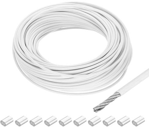 QUARKZMAN 98Ft(30m) Cavo Acciaio Inossidabile 304 Fune 1/8(3mm) Rivestito in Vinile con 10Pz Manicotti in Alluminio per Appendere, Filo Stendibiancheria per Esterno, Sollevare Bianco